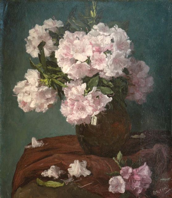 Daniël Been | Rododendrontakken in bruine vaas, olieverf op doek, 75,4 x 65,7 cm, gesigneerd r.o.