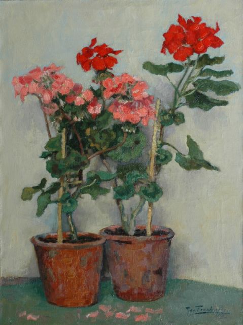 Jan Franken | Geraniums in bloempotten, olieverf op doek, 72,6 x 55,5 cm, gesigneerd r.o. en op etiket op spieraam en gedateerd 1915