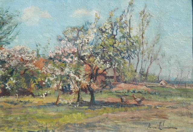 Anna Lehmann | Bloeiende fruitbomen in Rouge Cloître, België, olieverf op doek, 34,8 x 51,7 cm, gesigneerd r.o.