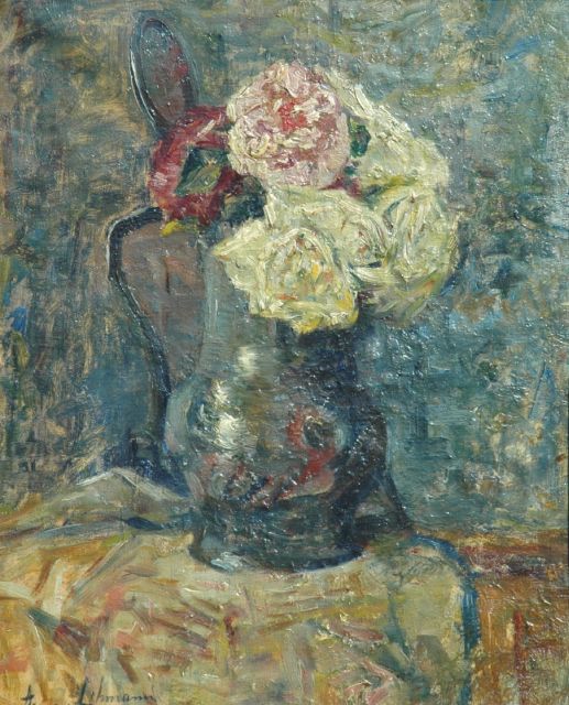 Anna Lehmann | Rozen in tinnen vaas, olieverf op doek, 39,5 x 32,7 cm, gesigneerd l.o.