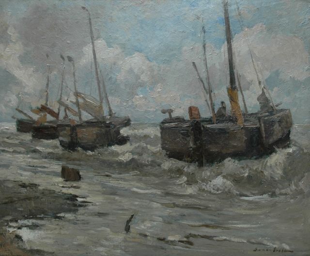 German Grobe | Bomschuiten voor anker in de branding, olieverf op board, 45,0 x 54,8 cm, gesigneerd r.o.