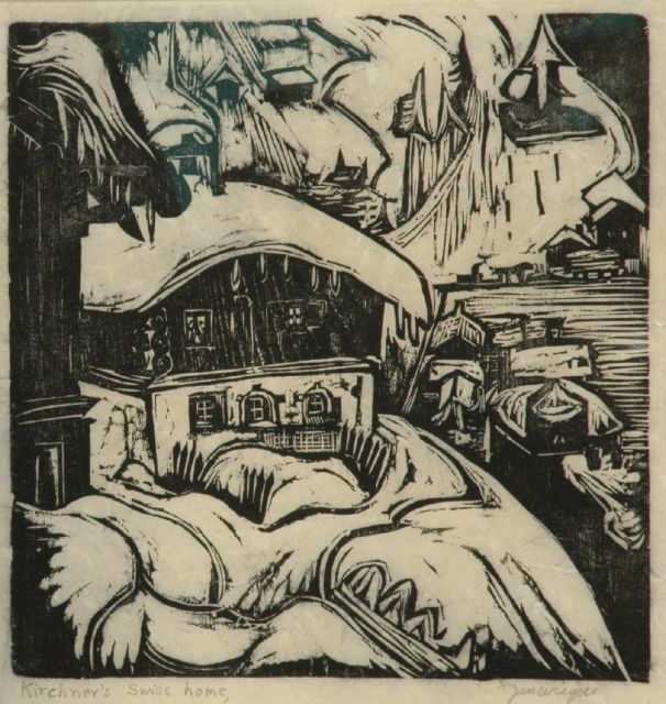 Jan Wiegers | Het huis van Ernst Ludwig Kirchner in Davos, houtsnede op Japans papier, 31,0 x 32,5 cm, gesigneerd r.o. in potlood