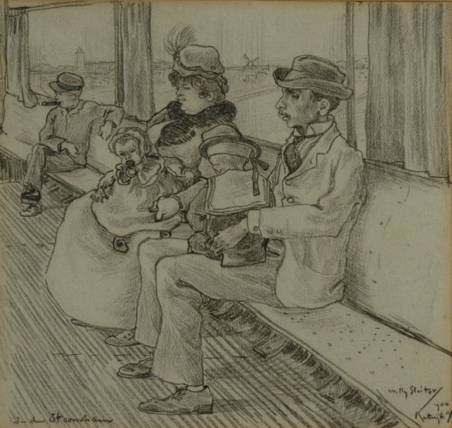 Willy Sluiter | Welgesteld Katwijks gezin in de stoomtram, zwart krijt op papier, 18,0 x 19,0 cm, gesigneerd r.o. en gedateerd '1900 Katwijk a/z'