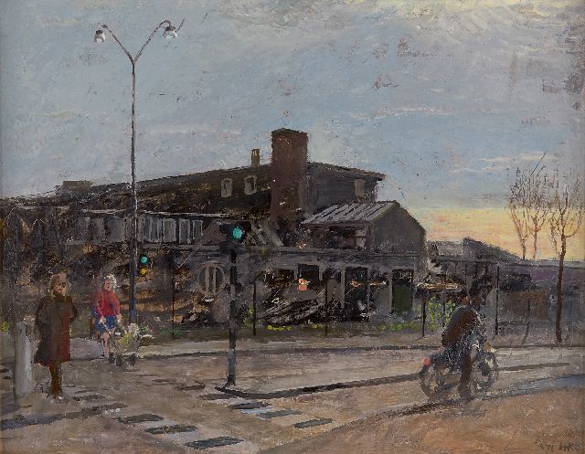 Harm Kamerlingh Onnes | Figuren op een kruispunt, olieverf op board, 36,0 x 46,0 cm, gesigneerd r.o. met monogram en gedateerd '71