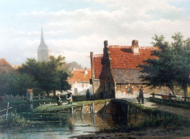 Georgius Heerebaart | Riviergezicht met boerenvrouw en was op de bleek, olieverf op paneel, 26,2 x 36,5 cm, gesigneerd l.o.