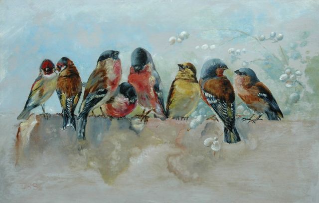Cornelis Samuel Stortenbeker | Siervogels op een muurtje, olieverf op paneel, 31,5 x 48,1 cm, gesigneerd l.o. met initialen
