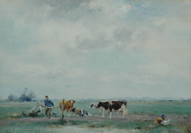 Adriaan Groenewegen | Vee in de wei: melktijd, aquarel op papier, 30,5 x 22,0 cm, gesigneerd l.o.