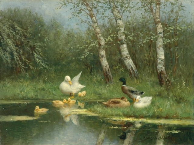Constant Artz | Eendenfamilie aan de waterkant, olieverf op paneel, 30,1 x 40,0 cm, gesigneerd r.o.