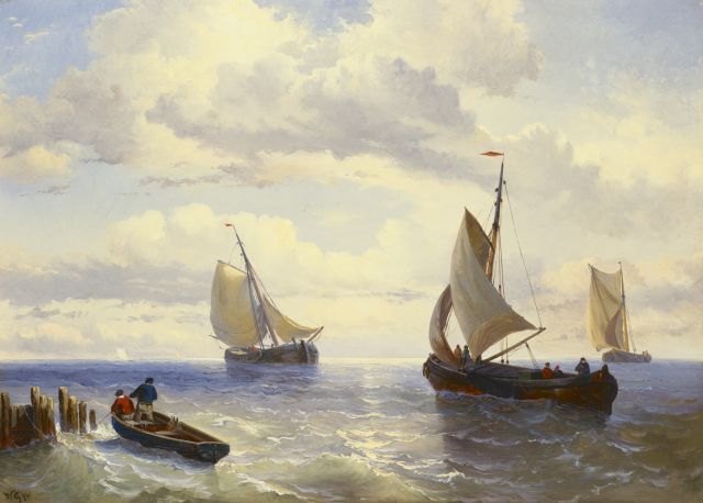 Willem Gruijter jr. | Uitzeilende platbodems, olieverf op paneel, 31,0 x 35,0 cm, gesigneerd r.o.