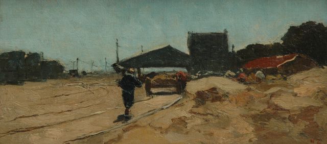 Willem de Zwart | Werkers bij de trambaan, Den Haag, olieverf op doek op paneel, 16,3 x 33,9 cm, gesigneerd r.o. met initialen